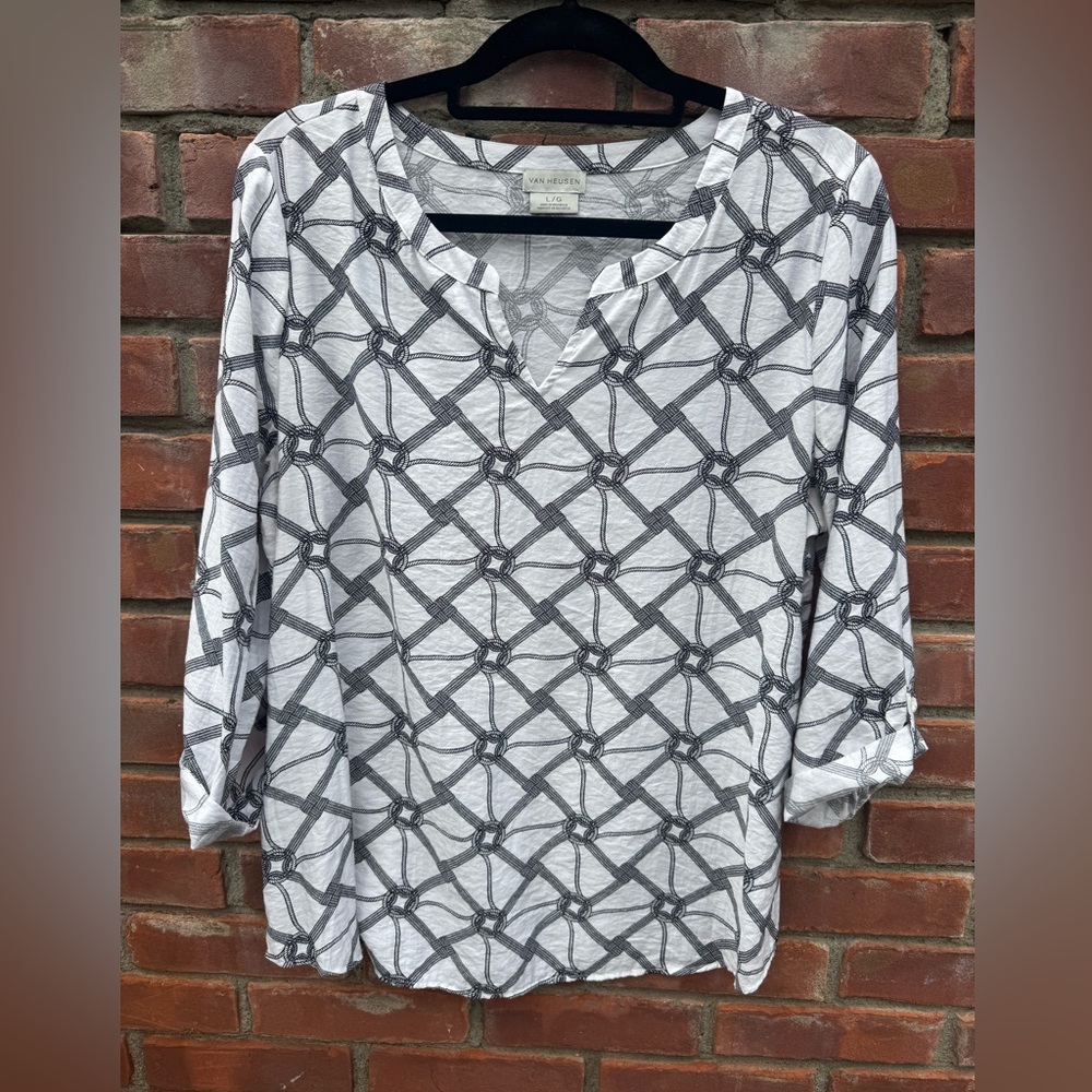 Van Heusen black white nautical print pop over notch neck blouse shirt top large